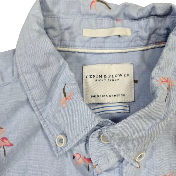 Denim & Flower Mens SM Short Sleeve Button Up Shirt Flamingo Palm Tree Tropical - Picture 6 of 9
